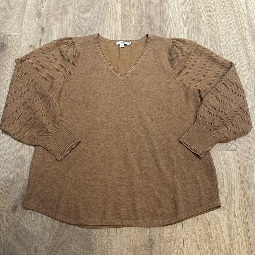 Chico's Cashmere Blend Balloon Sleeve V-Neck Sweater Brown Size 3 US XL EUC